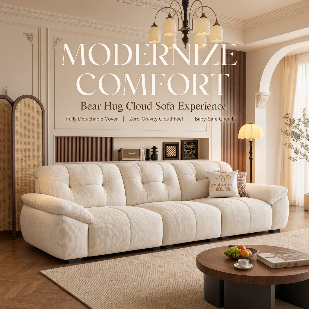 Bear Hug Cloud Chenille Sofa, Modern Cream 3‑Seater Tufted Couch, Baby‑Safe Removable Machine Washable Cover, Ergonomic Deep Seat Zero‑Gravity Sofa for Living Room