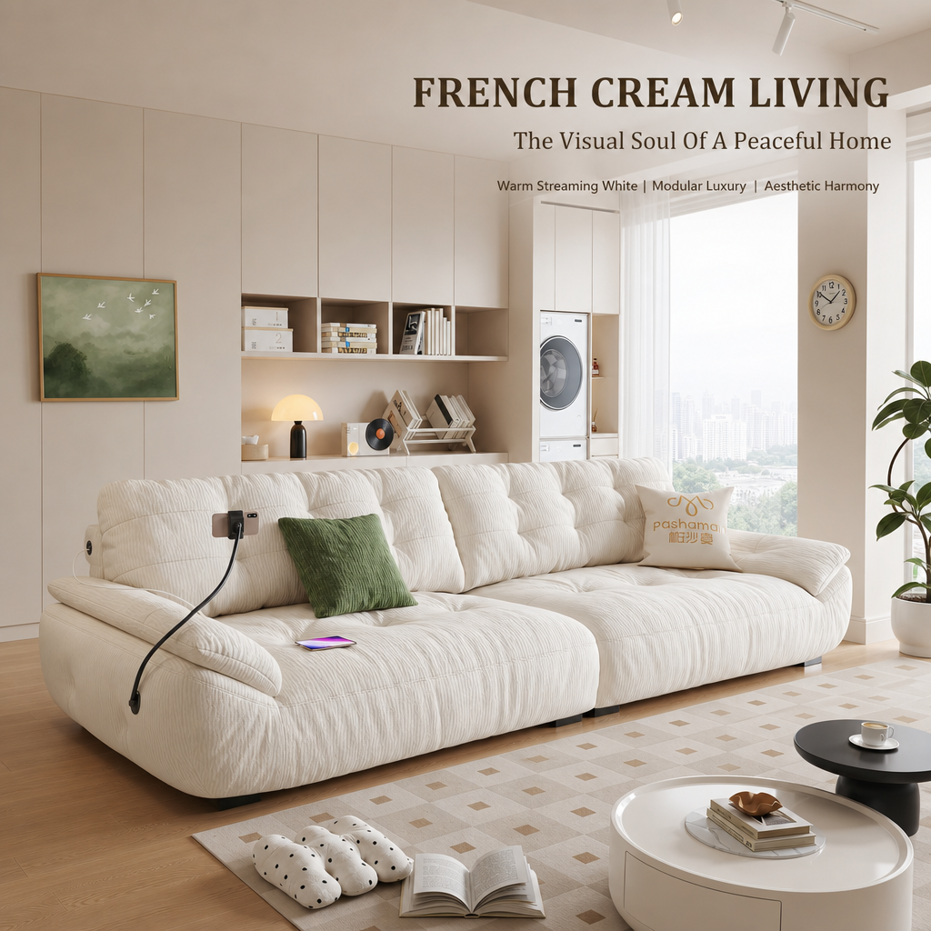 Cream Cloud Sofa with Removable Covers, Built‑in Phone Holder & USB Charging Port