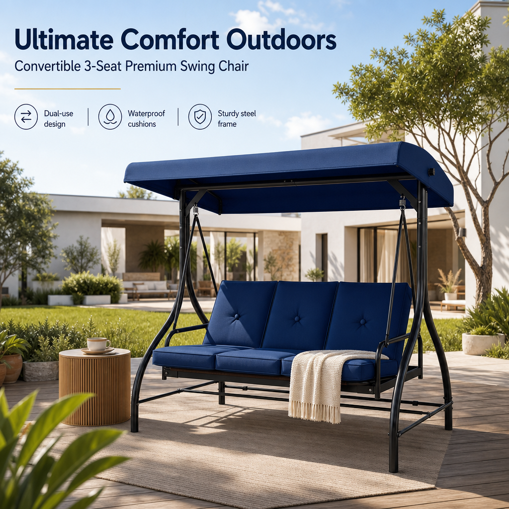 3‑Seat Convertible Outdoor Patio Swing Chair, Adjustable Canopy Porch Swing Bed with Waterproof Thick Cushion, Heavy‑Duty Metal Frame for Backyard Garden Poolside