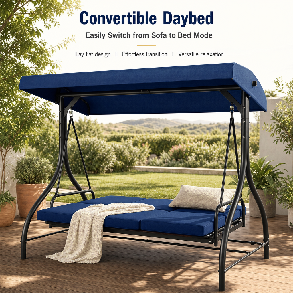 3‑Seat Convertible Outdoor Patio Swing Chair, Adjustable Canopy Porch Swing Bed with Waterproof Thick Cushion, Heavy‑Duty Metal Frame for Backyard Garden Poolside