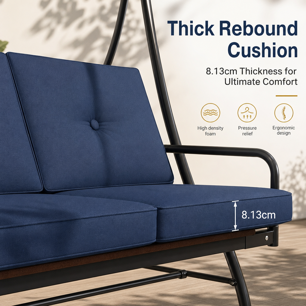 3‑Seat Convertible Outdoor Patio Swing Chair, Adjustable Canopy Porch Swing Bed with Waterproof Thick Cushion, Heavy‑Duty Metal Frame for Backyard Garden Poolside