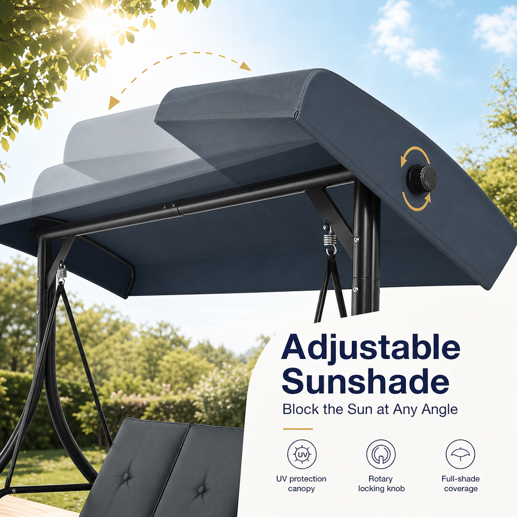 3‑Seat Convertible Outdoor Patio Swing Chair, Adjustable Canopy Porch Swing Bed with Waterproof Thick Cushion, Heavy‑Duty Metal Frame for Backyard Garden Poolside