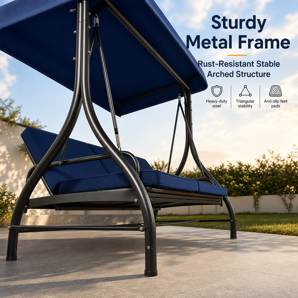 3‑Seat Convertible Outdoor Patio Swing Chair, Adjustable Canopy Porch Swing Bed with Waterproof Thick Cushion, Heavy‑Duty Metal Frame for Backyard Garden Poolside