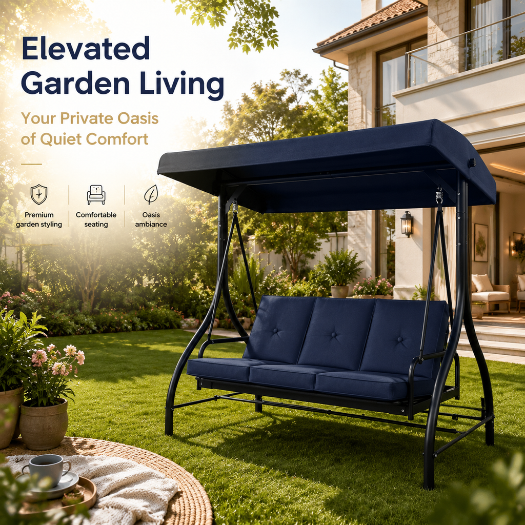 3‑Seat Convertible Outdoor Patio Swing Chair, Adjustable Canopy Porch Swing Bed with Waterproof Thick Cushion, Heavy‑Duty Metal Frame for Backyard Garden Poolside