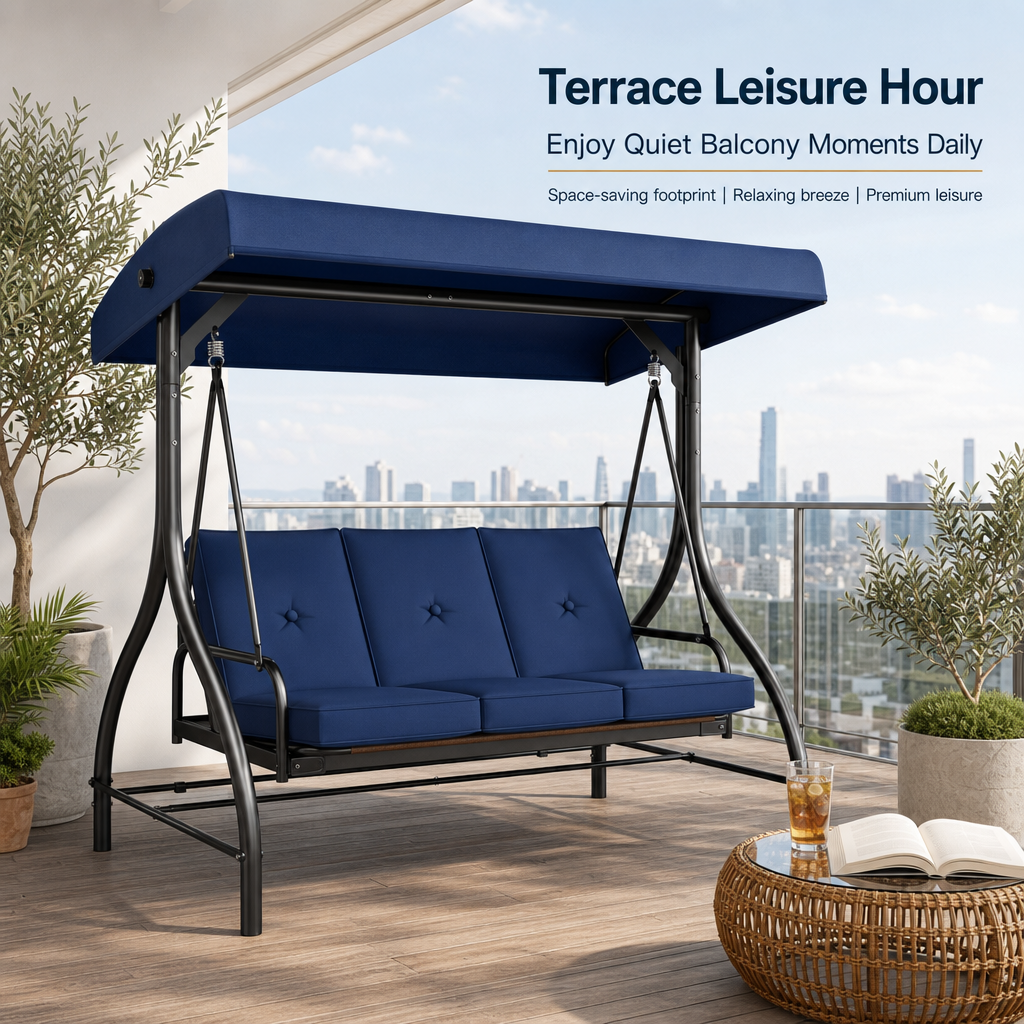 3‑Seat Convertible Outdoor Patio Swing Chair, Adjustable Canopy Porch Swing Bed with Waterproof Thick Cushion, Heavy‑Duty Metal Frame for Backyard Garden Poolside