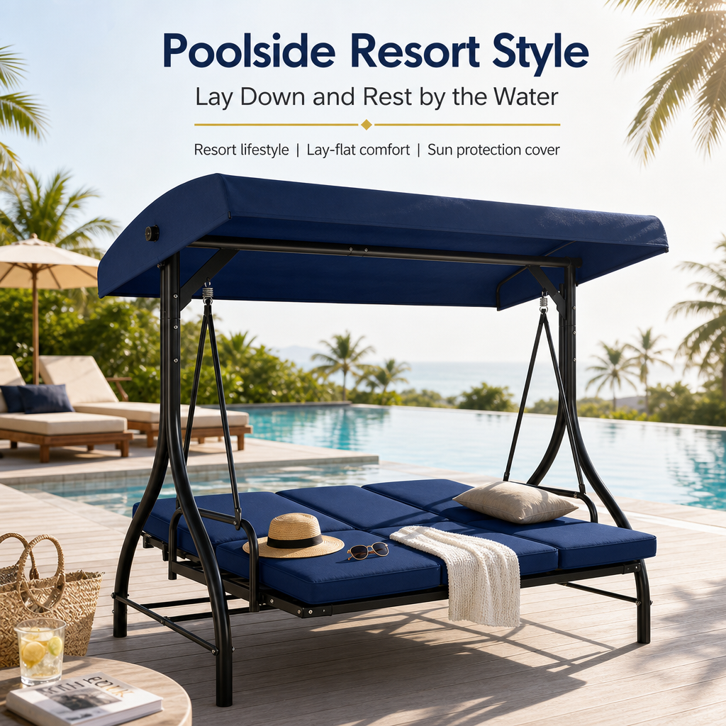 3‑Seat Convertible Outdoor Patio Swing Chair, Adjustable Canopy Porch Swing Bed with Waterproof Thick Cushion, Heavy‑Duty Metal Frame for Backyard Garden Poolside